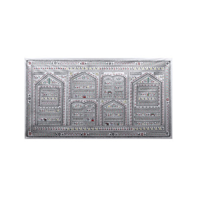«Warli», art tribal sur soie tussar par Purna Chandra, art mural aquarelle populaire de H 22 po x l 40 po, décoration de style primitif Maharashtra