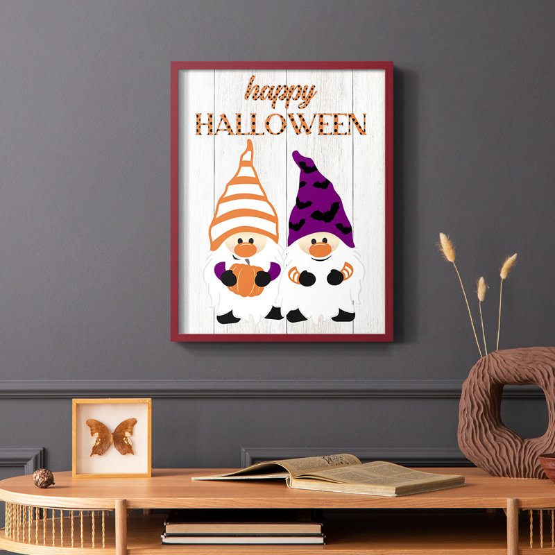 Reproduction encadrée d'Halloween gnomes - bois massif, Rouge, H 10 po x l 8 po
