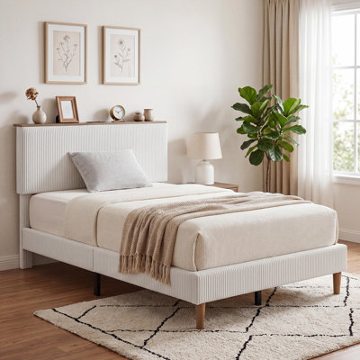 Structure de lit tapissier moderne en velours côtelé blanc moderne avec tête de lit avec rangement, lumières DEL et prises de courant, support de lattes en bois robuste, aucun sommier requis