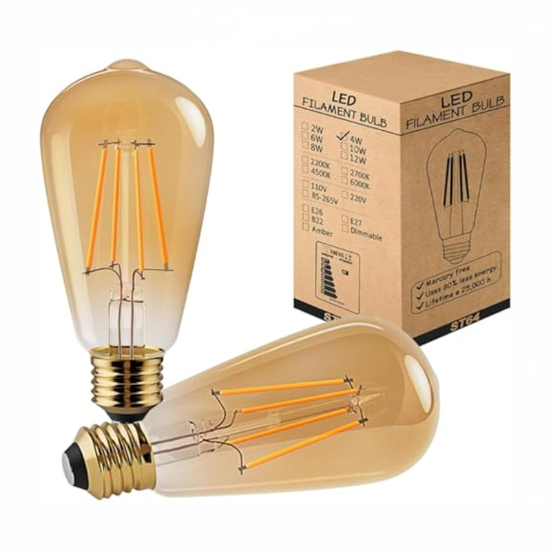 LED Edison Bulb ST64, 4W E27 2700K Warm White, Vintage Amber Glass, Dimmable LED Filament, Antique Retro Style Light, 240V, 40W Equivalent for Pendant, Café, Bar, Home Décor