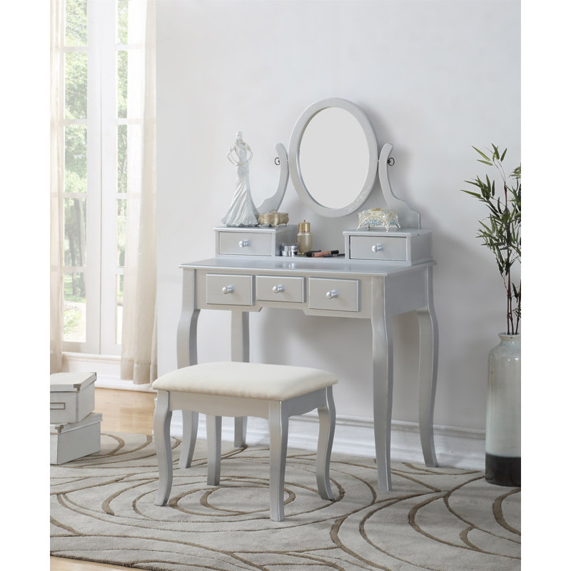 Ensemble coiffeuse et tabouret en bois Ashley, Argent