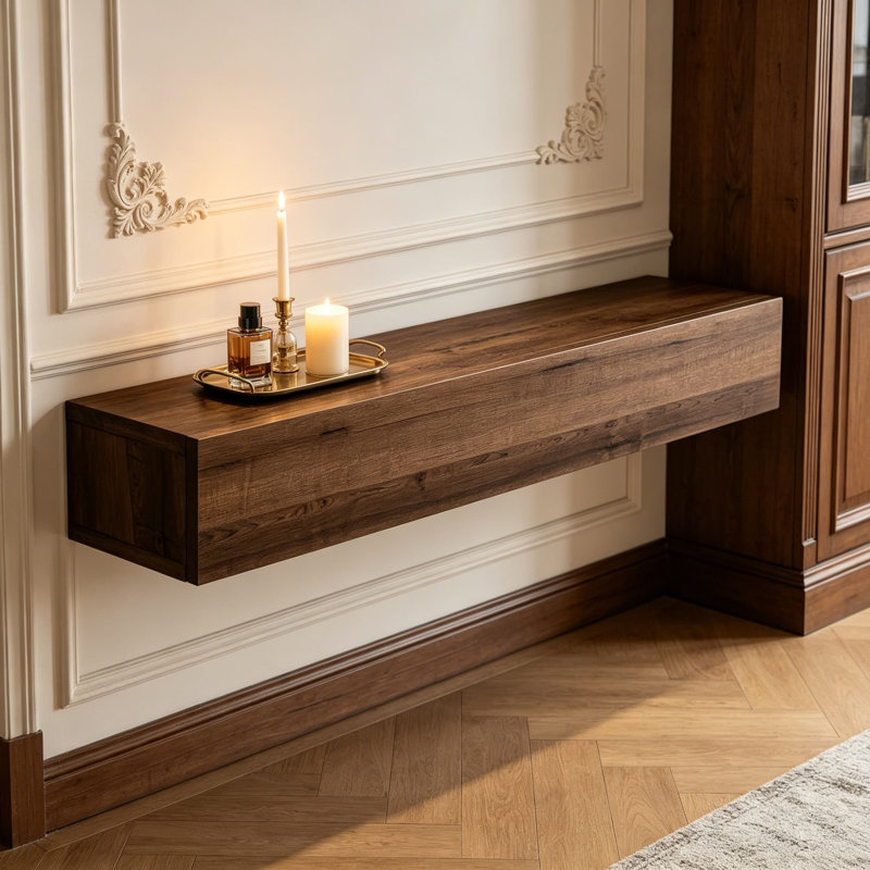 Console flottante en bois massif avec tablette de rangement, table d'entrée étroite murale pour couloir, salon et entrée, conception moderne peu encombrante avec rangement dissimulé