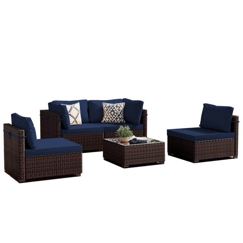  5-Piece Wicker Patio Conversation Set With Navyblue Cushions, Navy, Brown, 4 Pieces: Table, 3 Chairs