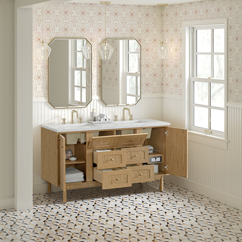 Laurent 60" Double Vanity, Light Natural Oak W/FreePower Wireless Charger, Ethereal Noctis, Light Natural Oak