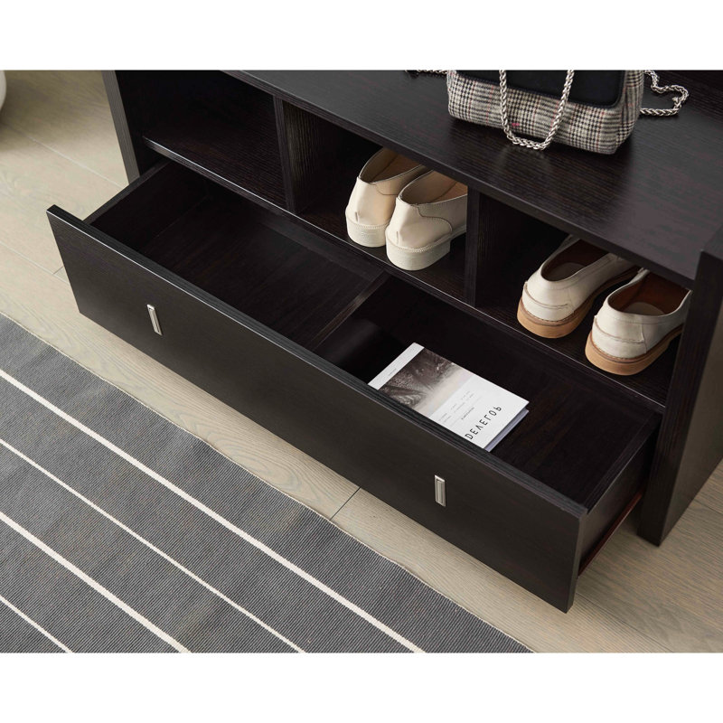 Banc de rangement pour chaussures rouge avec tiroir et rangement organisé
