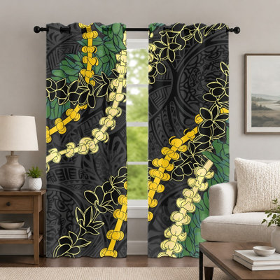 2Pcs Tribal Plumeria Flower Curtains, Polynesian Island Style Drapes, Vibrant Green and Gold Floral Printed Art Grommet Panels, Window Treatment for Bedroom Living Room Decor