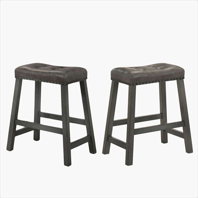 Rustic Backless Counter Stool Set of 2 – 25 Inch Wooden Farmhouse Barstool with Leather Seat, Distressed Finish & Sturdy Frame – Space-Saving Counter-Height Seating for Kitchen & Bar