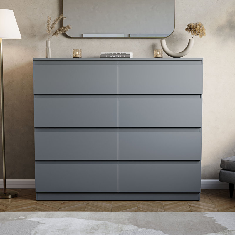 Cunha 8 - Drawer Wide Chest of Drawers, Large Bedroom Storage Cabinet, Grey