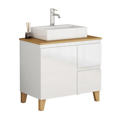 Ensemble de meuble-lavabo moderne de 31,5 pouces avec lavabo combiné, 1 porte et 2 grands tiroirs, système de fermeture en douceur, conception sans poignée, comptoir et pieds en bois massif naturel, lavabo carré en céramique sur le comptoir, blanc brillant