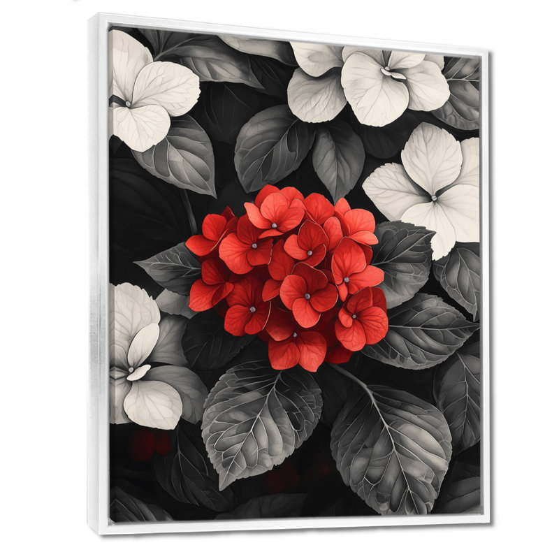 «Hortensias monochromes avec décorations de pétales rouges II», impression sur toile encadrée, 44" H x 34" W, Blanc