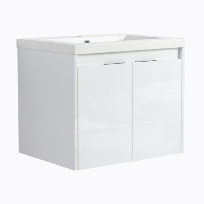 24" Bathroom Vanity With Resin Sink , 2-Soft Close Doors And 1-Wall Cabinet, Float Mounting Design, Glossy White, Plywood