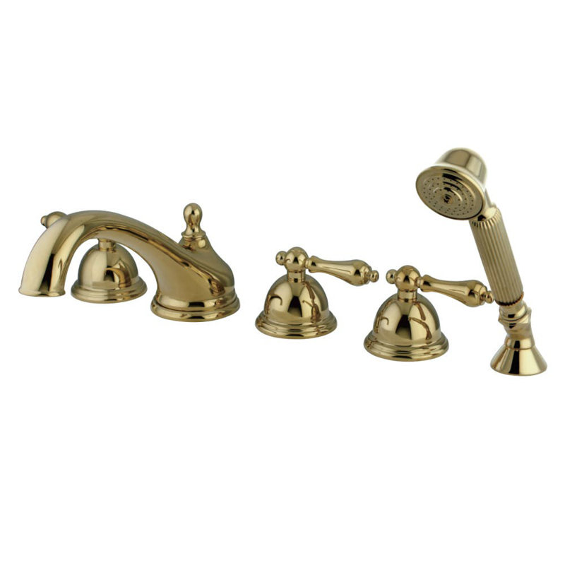 Kingston Brass Milano Three-Handle 5-Hole Deck Mount Roman Tub Faucet with Hand Shower, Polished Brass