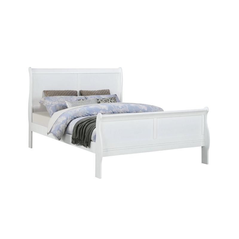 Lit double pour chambre à coucher, lit en bois massif blanc avec pieds de support
