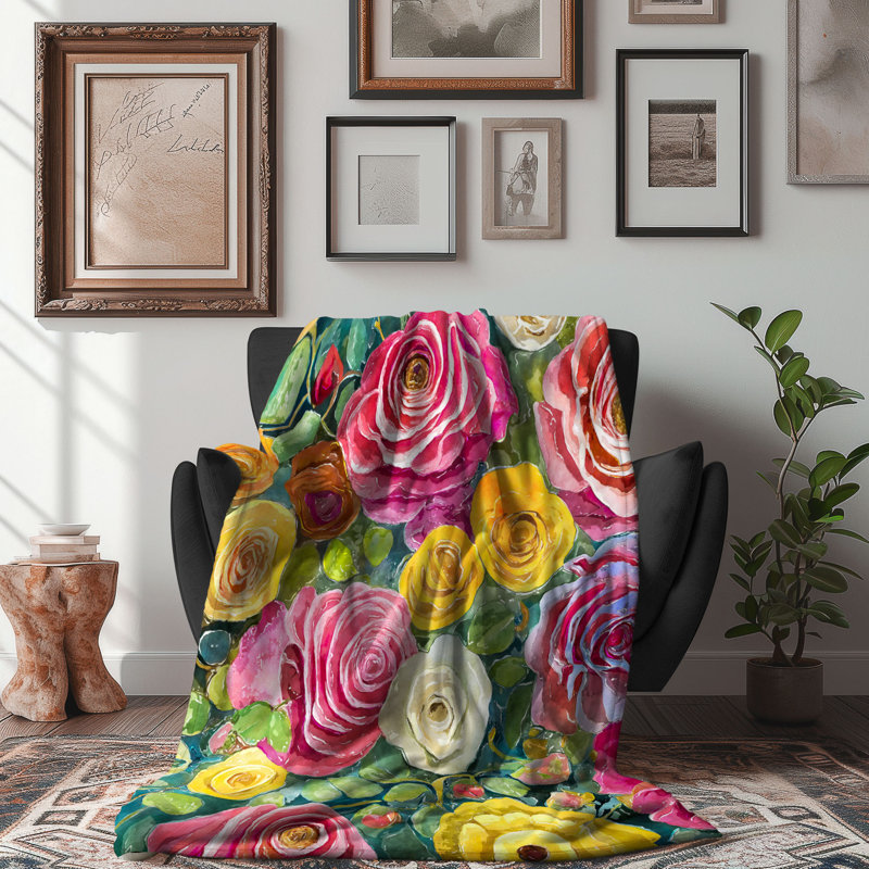 Motif Groovy - 1 pièce Sherpa Premium, Lit simple, Rose / jaune / vert clair floral