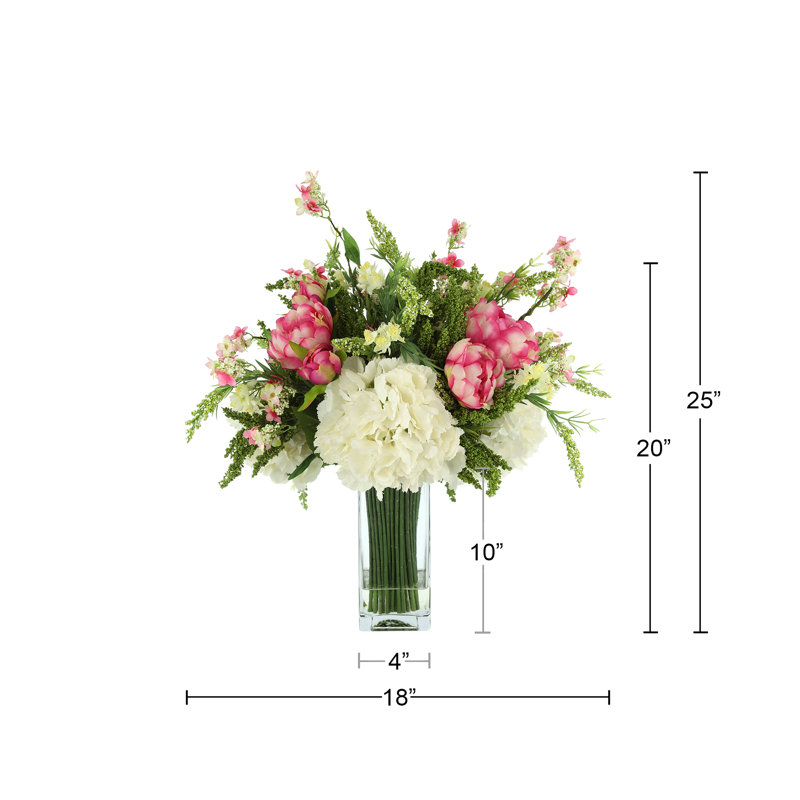 Faux Floral Arrangement with Butterfly Magnolias and Hydrangeas, Cream/Pink