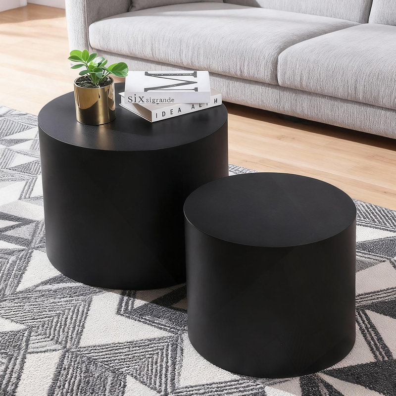 Nesting Coffee Table Set Of 2, Modern Round Coffee Table With Non-Slip Feet, Wood Side Table For Living Room, Bedroom, Office, Balcony, Terrace,Small Space, No Assembling, Matte Black