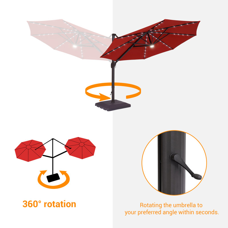 Parasol de patio décalé en porte-à-faux à DEL 11 pi avec base Darcie-May, Rouge