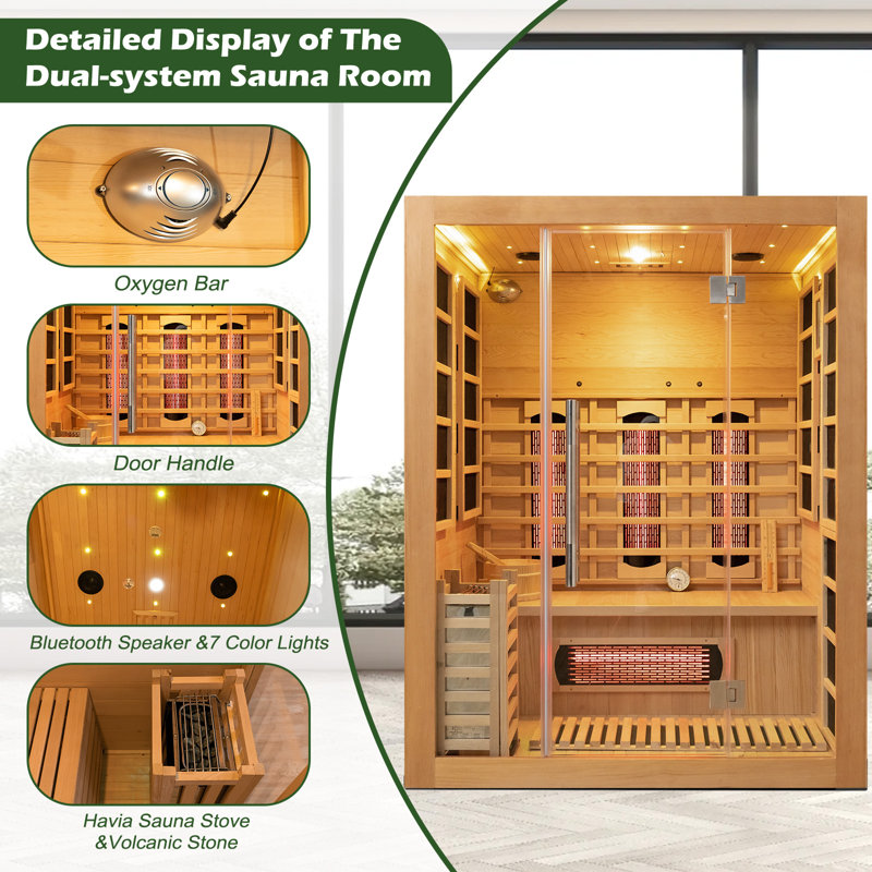 Hylivesaunas Wood Hybrid Home Sauna for 3 Person, Far Infrared & Steam Dual System Indoor Traditional Saunas, 3KW/4.5KW, 10 Heating Elements and Heating Stove, Speaker, Oxygen Bar, Water Bucket, Rocks, Hemlock