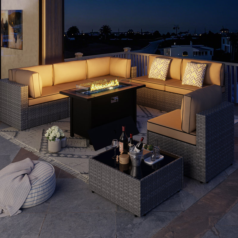  Emanie 6 - Person Outdoor Rattan Patio Set with Fire Pit Table, Silver, Khaki