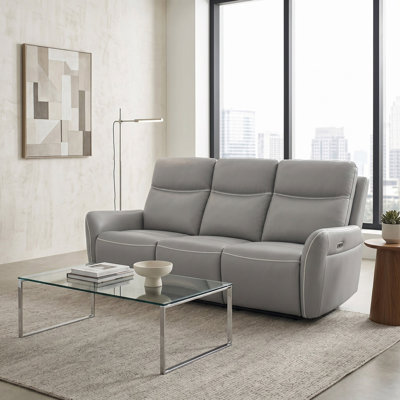 Canapé inclinable en cuir végétalien opale gris clair avec porte-gobelets, charge sans fil et lumières DEL