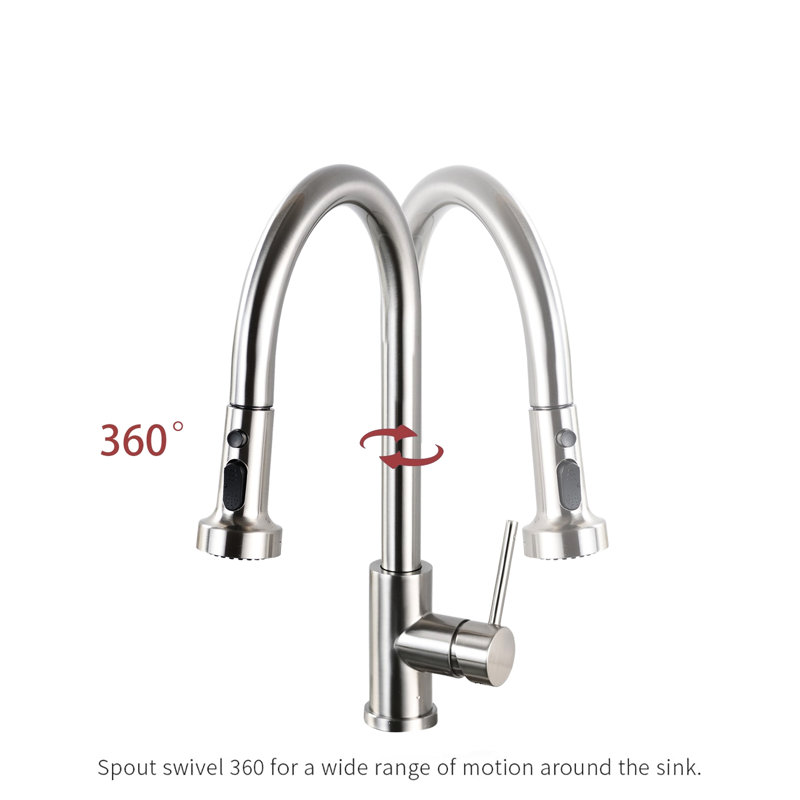 Robinet de cuisine rétractable en acier inoxydable en nickel brossé - Gratté et rouille, finition impeccable, bec pivotant sur 360 °, débit maximal de 1,8 gal / min avec, sans tache, pivotant