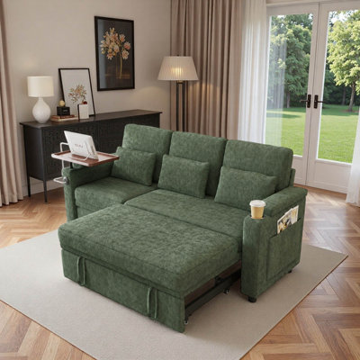 81" Convertible Pull-Out Reclining Sofa Bed with a Recliner, a Table Board, USB Ports and 3 Throw Pillows
