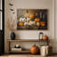 Art mural sur toile sculpté citrouilles orange et blanches avec bougies allumées-1339354502