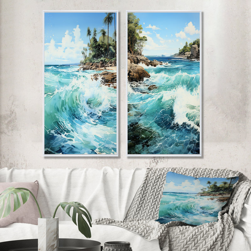 «Azure Seascape Palms Horizon», ensemble de 2 reproductions d'art mural côtier, Cadre blanc, H 40 po x l 41 po