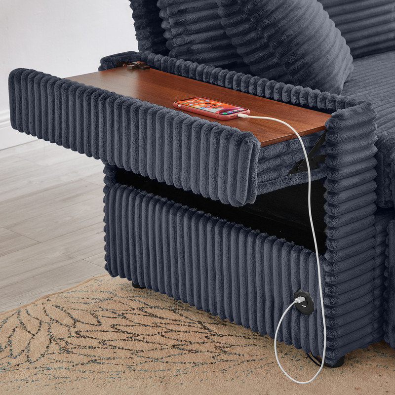 Causeuse et chaise longue Fluffy 2-en-1 avec rangement caché, repose-pieds double et table, Velours côtelé gris foncé