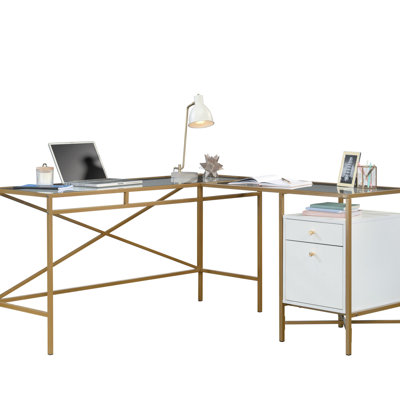 Bureau moderne en forme de L avec finition blanche et plateau en verre élégant, surface spacieuse pour les accessoires de travail pour ordinateur portable, bureau à domicile parfait, zones d'étude ou de jeu, glissières d'extension à deux tiroirs, rangement à tablettes ouvertes,