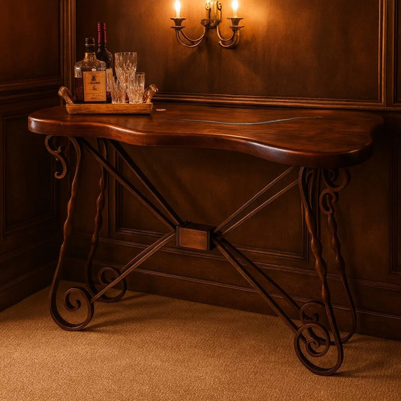 Free Form Mesquite Console Table: Turquoise Inlay, Hand-forged Iron Base