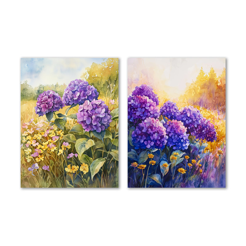 Hortensias dans un champ ensoleillé I - hydrangées mauves, ensemble de 2 reproductions d'art mural en métal, 32" H x 48" W