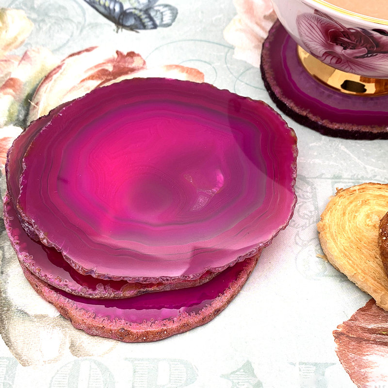 Pink Natural Agate Rock Coasters, Kitchenware Home Décor, Dark Pink/Natural