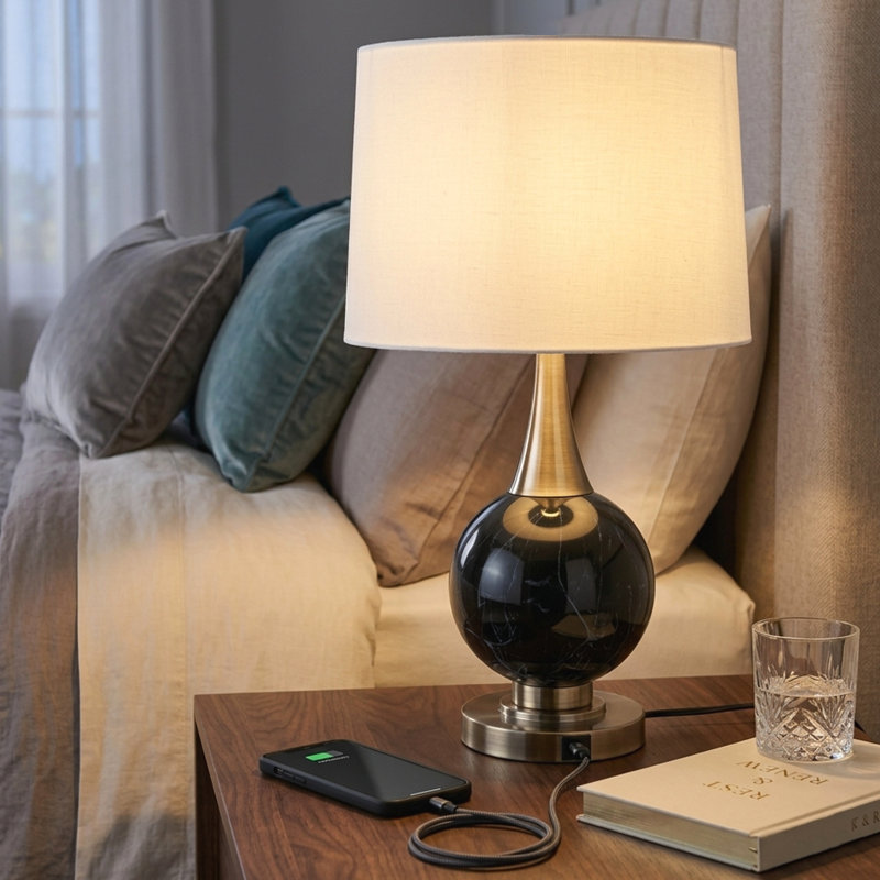 23.5" Modern Metal Table Lamp with USB-A & Type-C Charging Ports, 3-Way Dimmable Touch Control, Black Marbleized / Antique Brass