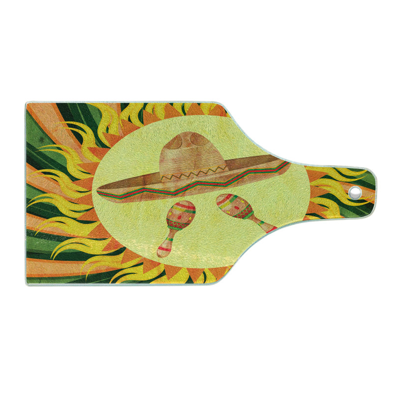 Multicolor Rectangular Tempered Glass Cutting Board with Mexican Design