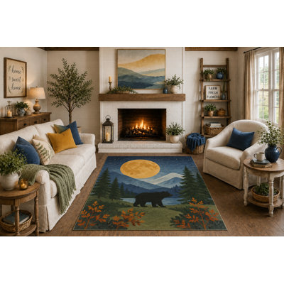 Tapis à motif de forêt d'ours noir 5 pi x 7 pi «Ultra Léger» avec motif rustique de montagne, chalet, chambre à coucher, envers en silicone antidérapant