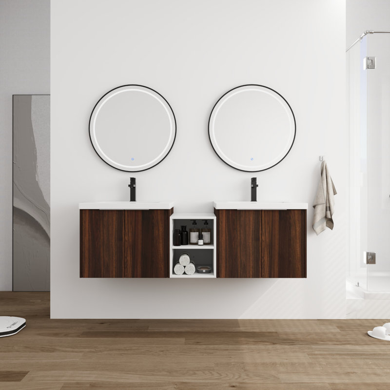 Double Bathroom Vanity With Resin Vanity Top, Brown, 60"