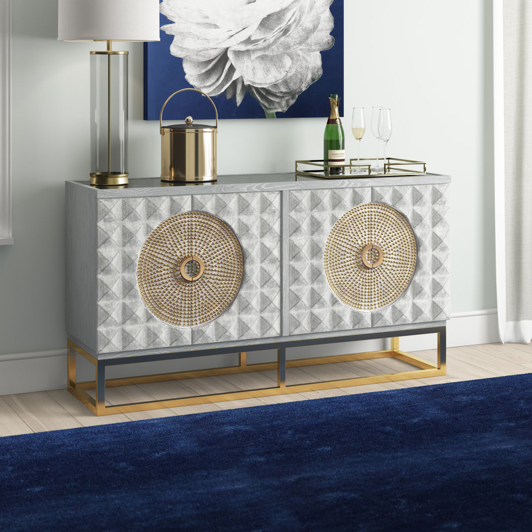 Damico 59.5’’ Wide Modern Sideboard with Studded Door Design, Metal Legs, and Mirrored Top – Contemporary Storage Cabinet Mercer41