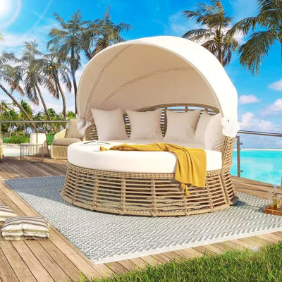 Lit de jour rond d'extérieur avec 5 coussins et auvent amovibles, coussins confortables, beige, résistant aux intempéries, design réversible pour de multiples usages, coussins ajustables, mobilier de jardin/terrasse, détente
