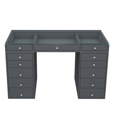 SlayStation Plus 2.0 Vanity Table with Glass Tabletop, Vanity Desk with 5 Drawer Units Bundle for Storage
