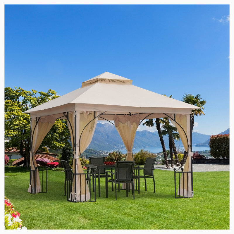 10x10ft Patio Gazebo, Double Roof, with Netting, Steel Frame, Beige
