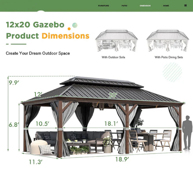 Aluminum Patio Gazebo with Double Roof, 12 ft. W x 20 ft. D