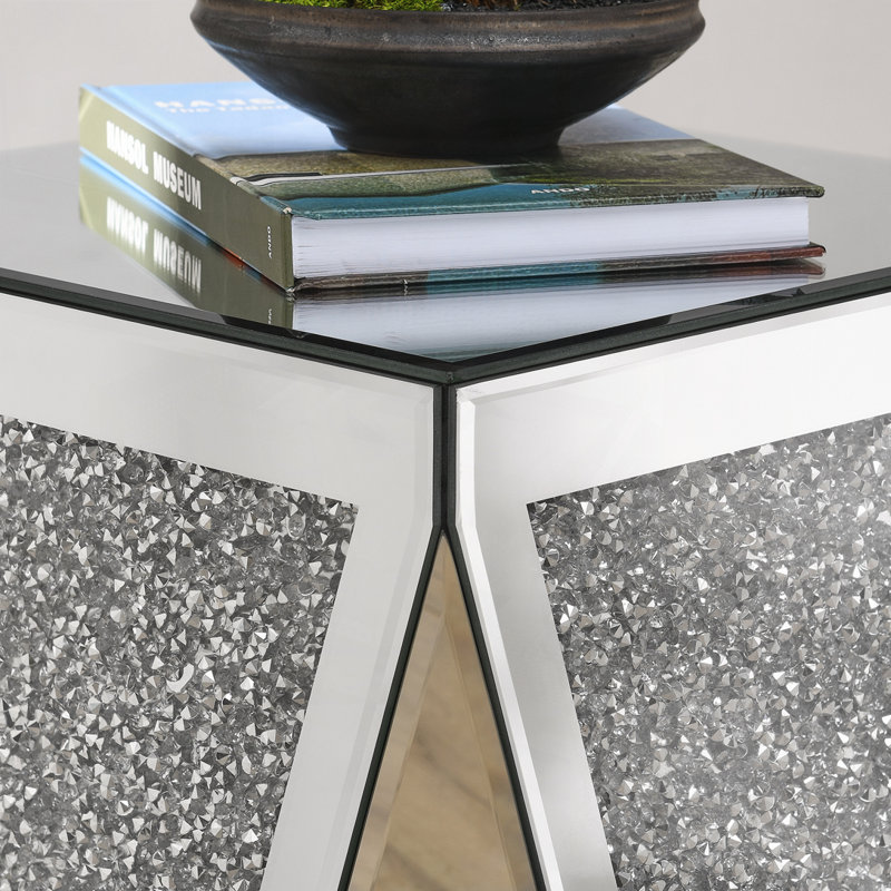 Table de bout en miroir argentée avec incrustation de cristal