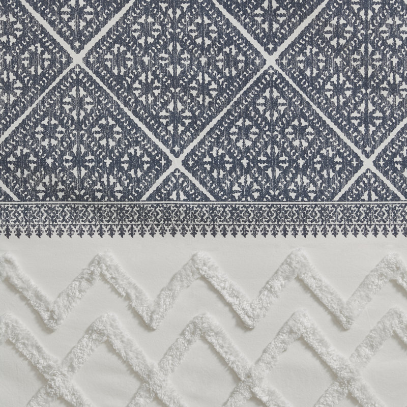 Navy and White Cotton Boho Chenille Curtain Panel