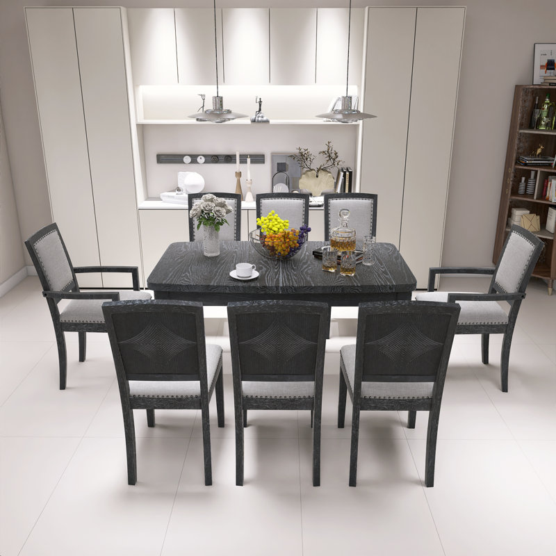 9-Piece Rustic Extendable 84'' Dining Table Set With 24'' Removable Leaf, Black Solid Wood Table Set With 6 Upholstered Armless Dining Chairs And 2 Padded Arm Chairs For Dining Room, Living Room