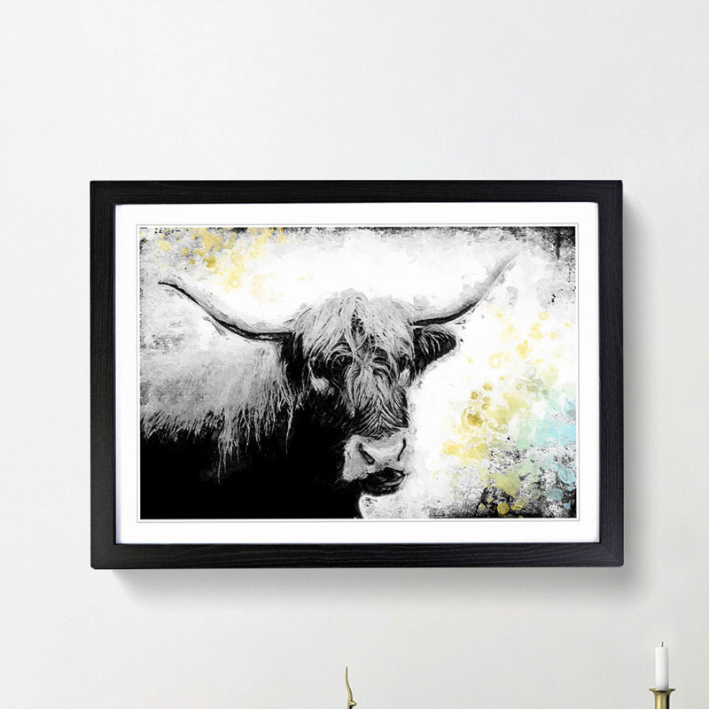 Paint Splattered Highland Cow in Abstract - Picture Frame Painting Print on MDF, 36cm H x 48cm W x 2cm D, Black Framed