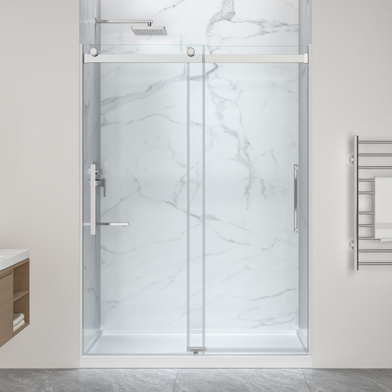 Stellar Series 76 po X 45-48 po. Porte de douche coulissante sans cadre en chrome poli avec base de douche en alcôve