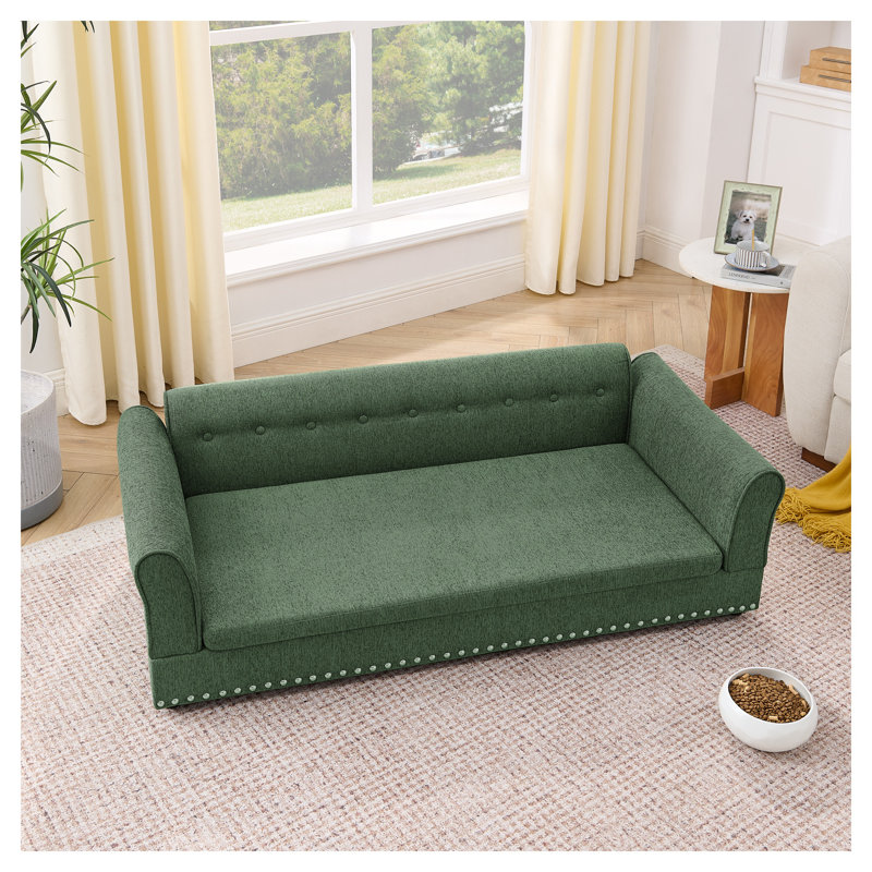 Oversized Elevated Dog Sofa Bed with Backrest & Armrest - Modern Linen Fabric Pet Furniture for Large Dogs, Dark Grey, Green