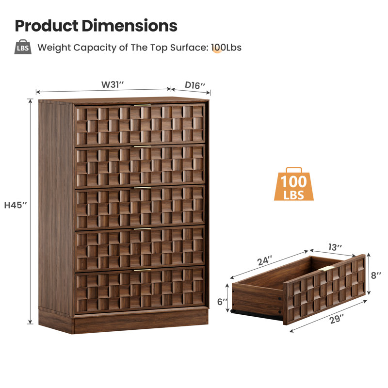 5 - Drawer Dresser, 45" H, Walnut