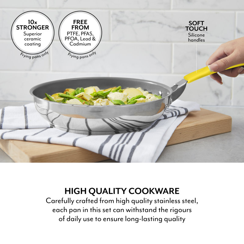5 Piece Cookware Set, 16/18/20cm Saucepans, 24/28cm Frying Pans Stainless Steel, Induction Compatible, Yellow